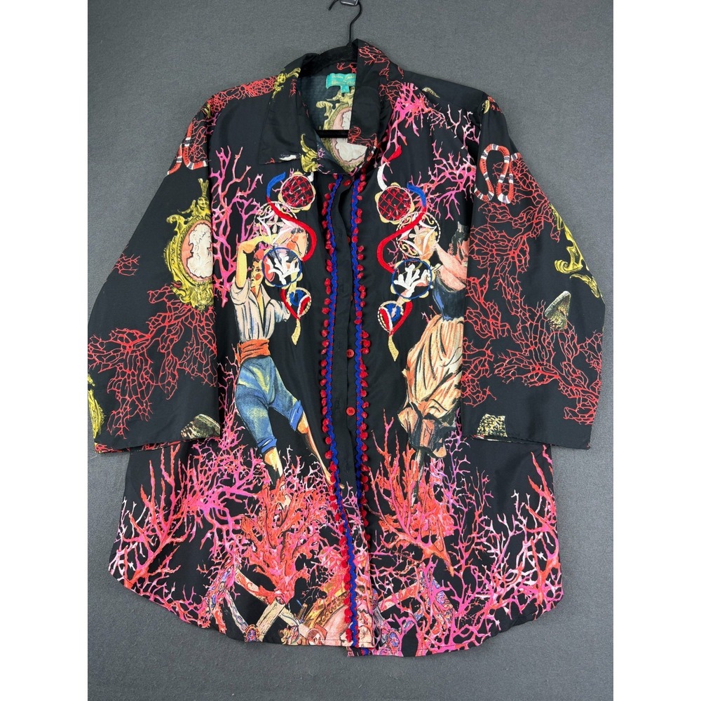 Antica Sartoria By Giacomo Cinque Womens Black Button Up Blouse Coastal Print L